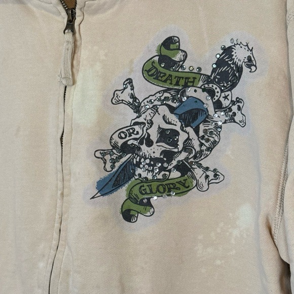 Vintage Y2K Circle of Life Death or Glory / Play On Rhinestone Thrashed Hoodie L - Picture 3 of 12